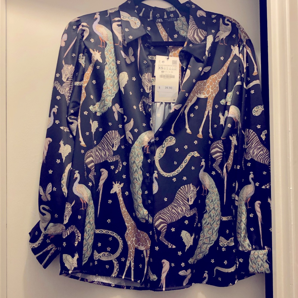 Zara animal print black button down blouse